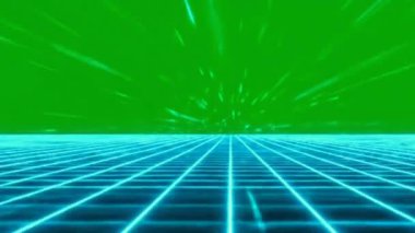 Neon parlayan ızgara zeminli soyut fütüristik bilim kurgu sahnesi ve krom anahtar kullanımı için yeşil ekran arka planı. VFX, teknoloji videoları, oyun görselleri, sanal ortamlar, dijital sunumlar ve hareket grafikleri projeleri için uygundur.