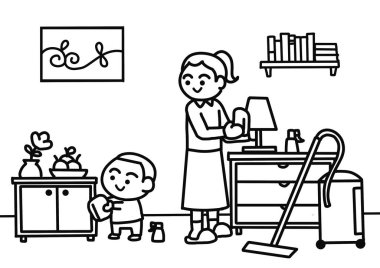 Çocuk annesinin evi temizlemesine yardım eder..