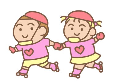 Çift paten kayarken renkli çizgi film stili.