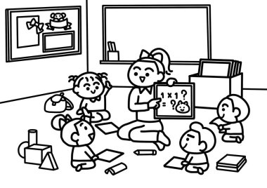 Öğretmen sınıfta anaokulu çocuklarını okutuyor..