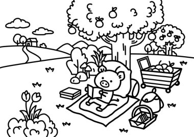 Küçük domuz elma ağacının altında kitap okuyor..