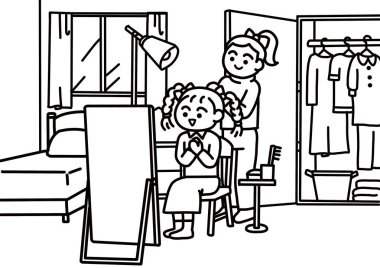  Genç bir kadın arkadaşının saçını örüyor..