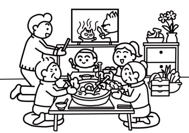 Bir aile birlikte sukiyaki yiyor..