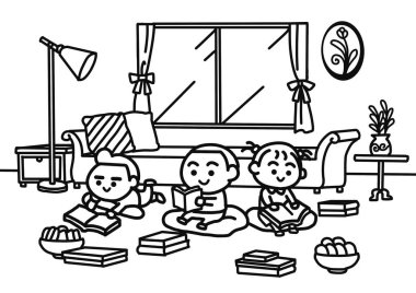 Çocuklar birlikte oturup mutlu bir şekilde okudular..