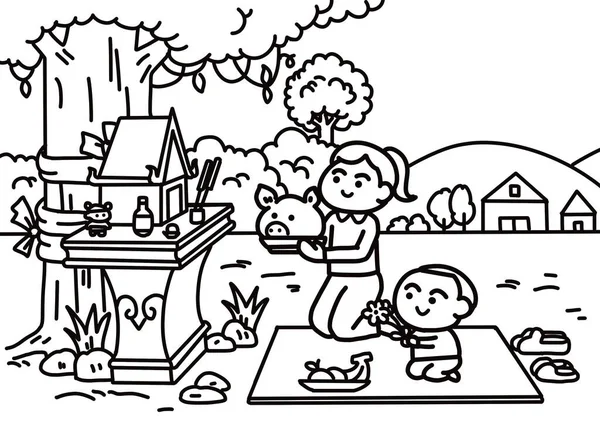 Thai Ruh Evi Kutsal Tapınakta İllüstrasyon Aile Geleneği Sunuyor