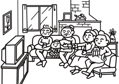 Mutlu Aile Oturma Odası Boyama Sayfasında TV İzliyor