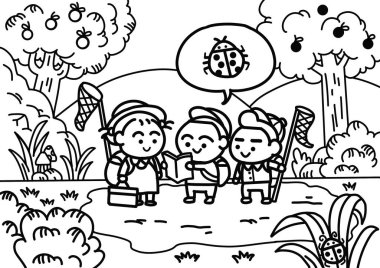 Çocuklar doğayı keşfediyor ve çocuklar için orman boyama sayfasında uğur böceği arıyor.