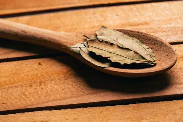 Φύλλα δάφνης σε ένα ελαφρύ ξύλινο κουτάλι, κοντινό πλάνο — Φωτογραφία Αρχείου