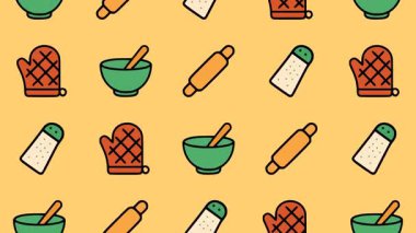 Renksiz mutfak animasyonu modern düz çizgi film tarzında fırın aletlerinin ve malzemelerin eğlenceli hareketlerini gösteriyor