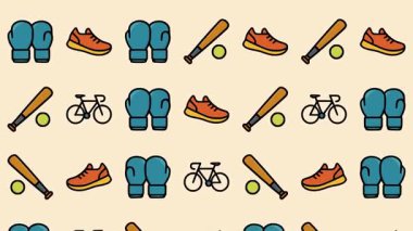 Spor Ayakkabıları, Eldivenleri, Bisikleti ve Yarasayı içeren Aktif Yaşam Tarzı Simgeleriyle Şirin Spor Animasyon Arkaplanı