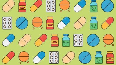 Taşınan Kapsüllerle Eczane ve Sağlık Animasyonu Minimal Düz Vektör Döngüsünde Şişeler ve Tabletler