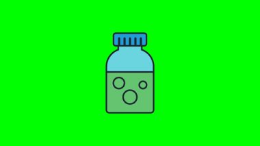 Düz Tasarım Canlı Yeşil Arkaplanda Şeffaf Sıvı ve Hava Kabarcıklarıyla Canlandırılmış Kimyasal Şişe