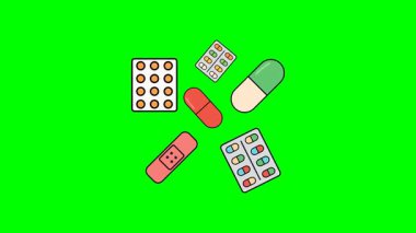 Parlak Yeşil Ekranda Çeşitli İlaç ve Bandajlarla Sağlık ve İlaç Animasyonu