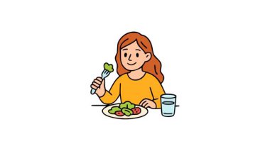 Taze Sebze Yemekten ve Sağlık Bilinci İçin İçme Suyundan Hoşlanan Kız Düz Stil Animasyonu