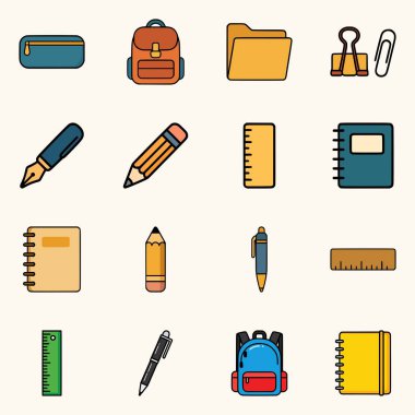 Hafif arkaplan üzerinde kitaplar, çanta, klasörler ve yazma araçları gibi minimalist eğitim vektör kümeleri ve ofis ekipmanları simgeleri