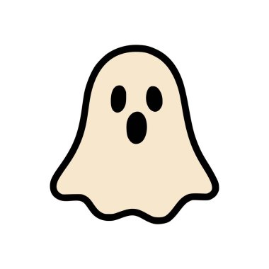 Yuvarlak kenarlı, bej şekilli, siyah gözlü ve ağızlı basit bir Cadılar Bayramı hayalet çizimi.