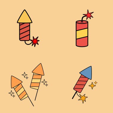 Yeni yıl ve parti tema vektörü için sarı ve kırmızı renkli el yapımı şenlik roketleri ve havai fişek simgeleri