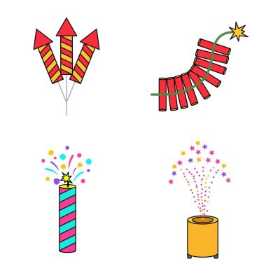 Çizgi film havai fişekleri ve renkli kıvılcımlar ve yıldızların düz vektör tasarımlı parti patlaması koleksiyonu