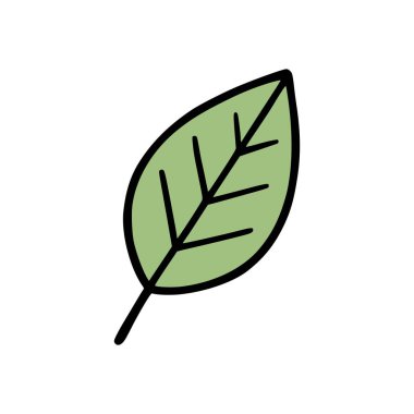 Çizgi film stili yeşil yaprak çizimi koyu siyah çizgi ve damar detayları organik doğa ve eko kavramını sembolize ediyor.