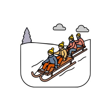 Düz dizayn vektörü, kar ve soğuk hava manzaralı kışın kızakla kayan arkadaşlar.