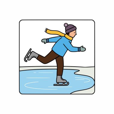 Donmuş gölde buz pateni yaparken mavi ceketli, kahverengi pantolonlu ve sarı atkılı birinin vektör çizimi.