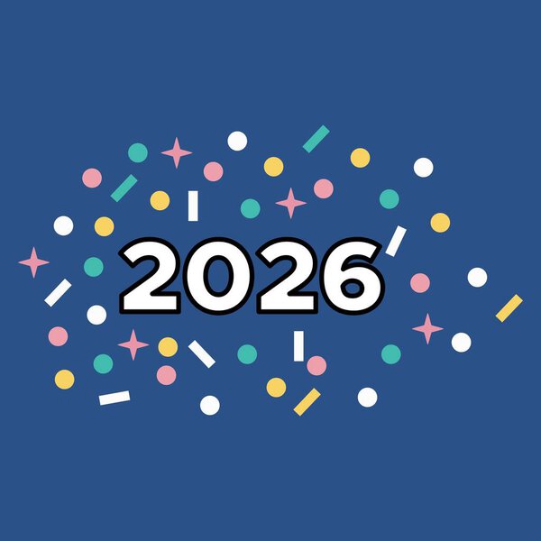 Минимальный вектор празднования 2026 года с разбросанными элементами конфетти и чистыми жирными цифрами в современном плоском дизайне