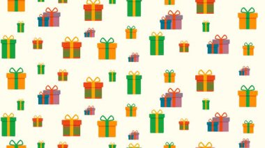 Açık bej minimalist arkaplan vektörü üzerinde kurdele ve yaylı çok renkli hediye kutularının şenliksiz deseni