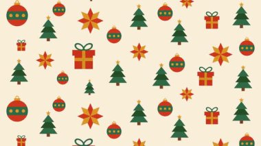 Yeşil çam ağaçları, kırmızı ve altın süslemeler, hediyeler ve yumuşak bej kış arka planında yıldızlar olan en az Noel deseni