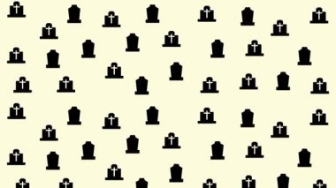 Minimalist düz vektör Cadılar Bayramı tarzında bej arka planda siyah mezar taşları ve beyaz haçlarla kusursuz mezar deseni