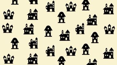 Kusursuz bir cadılar bayramı şablonu. Ürkütücü perili kaleler ve açık bej minimalist arka planda siyah siluet kuleler.
