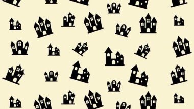 Ürkütücü perili şato desenli gotik kuleler ve koyu renkli siluet kapılar yumuşak bej renkli ürkütücü Cadılar Bayramı arka planında