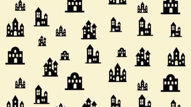 Karanlık Perili Ev ve Ürkütücü Kale simgeleri Cadılar Bayramı ürkütücü tasarım teması için yumuşak bej arka planda tekrarlanan desen