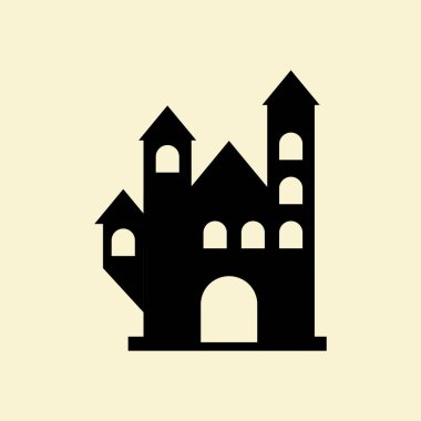 Soluk arka plan sanatı üzerinde izole edilmiş, sivri kuleleri ve kemerli girişleri olan karanlık perili bir ev.