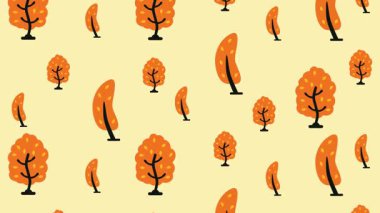 Modern Düz Tasarımda Şekillendirilmiş Ağaçlar ve Krem Arkaplanda Sıcak Turuncu Renklerle Şirin Sonbahar Ormanı Deseni