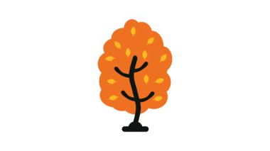 Turuncu Yapraklı Düz Sonbahar Ağacı ve Minimum Vektör Tasarımlı Beyaz Arkaplanda Siyah Eğri Dallar