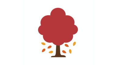 Basit Düz Vektör Sonbahar Ağacı Kahverengi Gövde ve Sıcak Kırmızı Turuncu Yapraklar Minimal Biçiminde Düşüyor