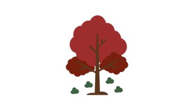 Kırmızı Kahverengi Yapraklı Sonbahar Ağacı 'nın Düz Vektör İllüstrasyonu ve Beyaz Arkaplanda Küçük Yeşil Çalılar