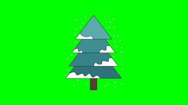 Kahverengi gövdeli ve yeşil zemin üzerine yağan karın altında mavi katmanlı karlı her zaman yeşil olan ağaçların düz çizimi.