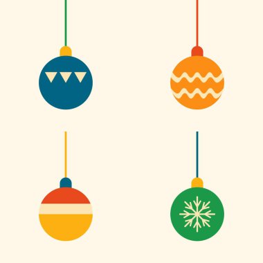 Yeşil mavi turuncu ve sarı minimalist tasarımlı dekoratif Noel toplarının düz vektör çizimi
