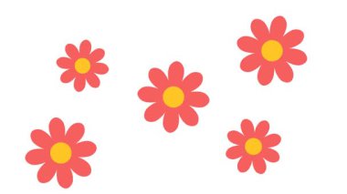 Temiz beyaz arkaplan dekoratif deseninde orta sarı minimal düz vektör çizimi olan sade mercan papatya çiçekleri