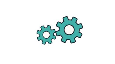 Bir çift dönen mavi dişli mekanik bağlantıyı gösteren endüstriyel yenilik ve teknoloji mühendisliği süreci kavramı