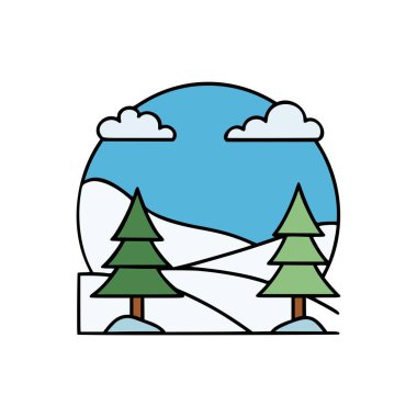 Huzurlu kış ormanı manzarası. Karla kaplı zemin yeşil çam ağaçları ve yumuşak bulutlu açık mavi gökyüzü.