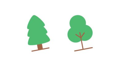Doğa kavramları için yeşil bir çam ve yapraklı bir ağacın yer aldığı iki farklı ağaç şeklinin temiz düz tasarımı