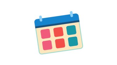 Modern düz tasarım takvimi çizelgesi kalın mavi üst bölüm, deniz mavisi kenarı ve canlı pembe, turuncu ve deniz mavisi tarih blokları ile