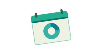 Temiz düz stil takvim grafiği canlı gök mavisi paletini, nazik geometrik yapıyı ve zaman yönetimi temaları için merkezi analiz çemberini gösterir