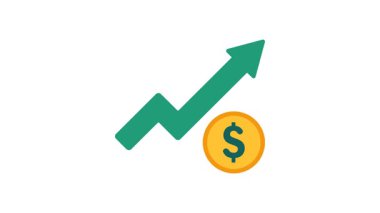Yukarı doğru ok ve pozitif gelir artışı ve iş ilerlemesini temsil eden renkli dolar sikkesi içeren temiz geometrik finans grafiği