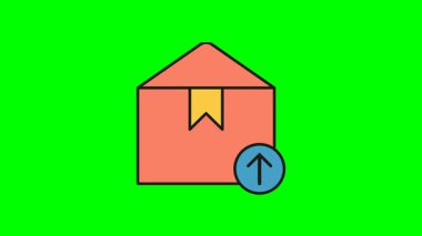 Kurdele etiketli düz stil paket kutusu ve yükselen ok animasyonu çevrimiçi hızlı nakliye iş akışını gösteriyor