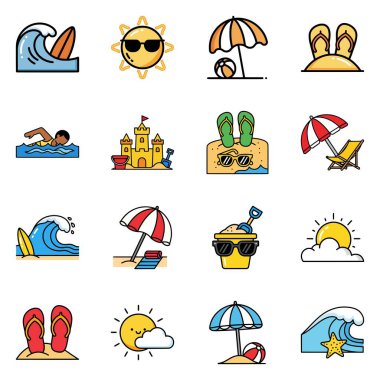 Güneş ışığı, sörf dalgaları, şemsiyeler, kumdan kaleler, parmak arası terlikler ve kalın düz vektör tasarımlı mevsimlik yaz nesneleri içeren eğlenceli bir tatil ikonu koleksiyonu.