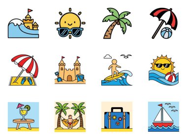 Dalgalar, güneş karakterleri, şemsiyeler, kumdan kaleler, palmiye ağaçları, parmak arası terlikler ve modern vektör tarzında tatil elementlerinin yer aldığı renkli yaz plaj ikonu seti