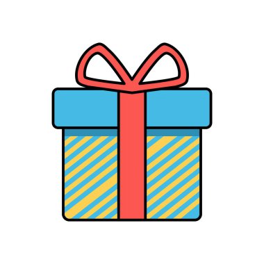 Minimalist mavi ve sarı hediye kutusu, çarpıcı kırmızı yay ve düzgün çapraz çizgili, oyuncu vektör stili.